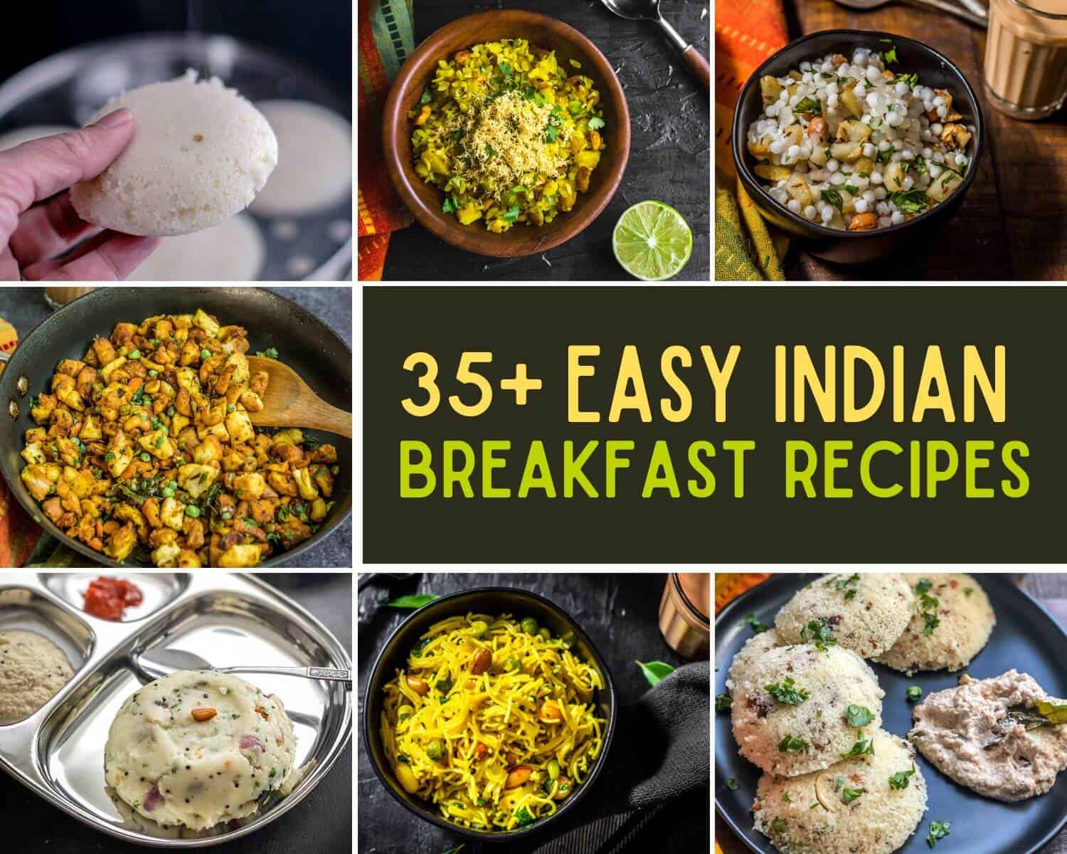 A spread of easy Indian breakfast dishes including poha, upma, and paratha served on a wooden table